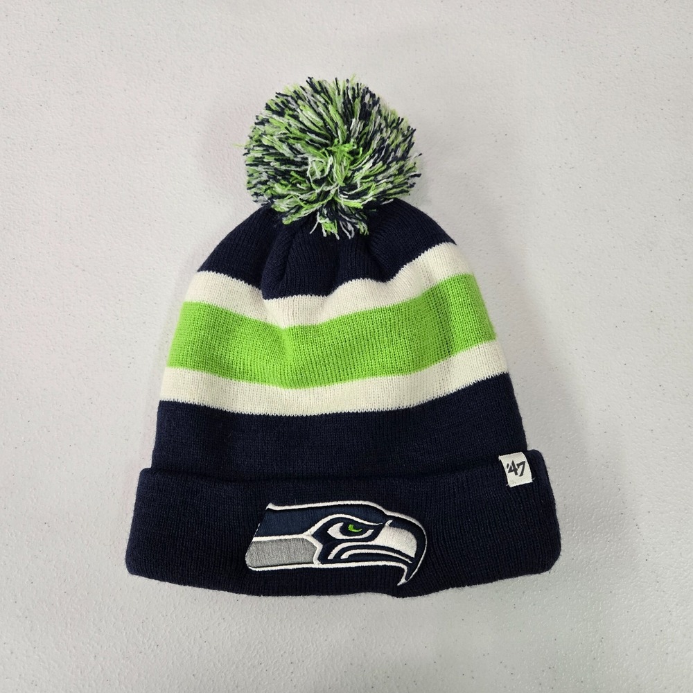 Seattle Seahawks Men‎ Hat One Size Blue Striped Beanie Logo Pom Pom Acrylic '47